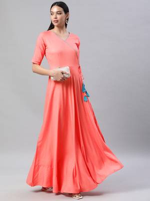 Peach printed viscose rayon maxi-dresses 4