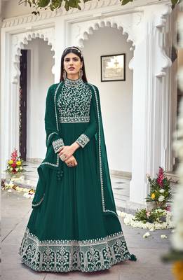 Teal embroidered faux georgette salwar 1