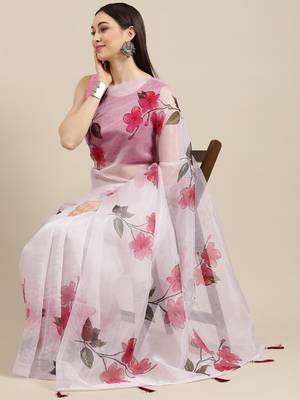 White Printed Organza Saree With Blouse 1