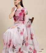 White Printed Organza Saree With Blouse