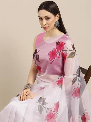 White Printed Organza Saree With Blouse 2
