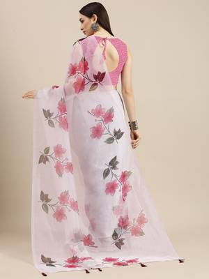 White Printed Organza Saree With Blouse 3