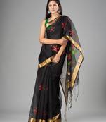 Black hand woven silk saree with blouse