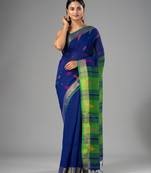 Blue hand woven cotton saree with blouse