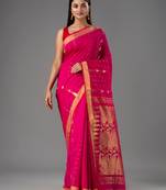 Dark pink hand woven cotton silk saree with blouse