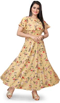 Mustard printed crepe maxi-dresses 1