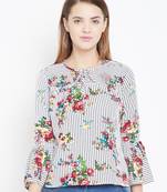 Sethi Daughters Women Blue Color Floral & Stripe Printed Crepe Top