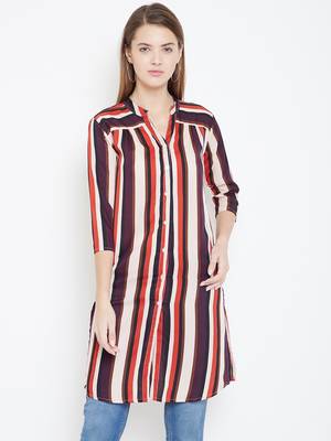 Sethi Daughters Women Beige and Multicolor Stripe Printed Long Crepe Tunic 1