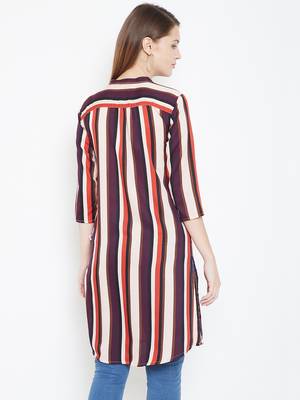 Sethi Daughters Women Beige and Multicolor Stripe Printed Long Crepe Tunic 2