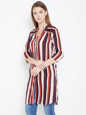 Sethi Daughters Women Beige and Multicolor Stripe Printed Long Crepe Tunic 3