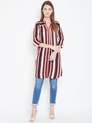 Sethi Daughters Women Beige and Multicolor Stripe Printed Long Crepe Tunic 4