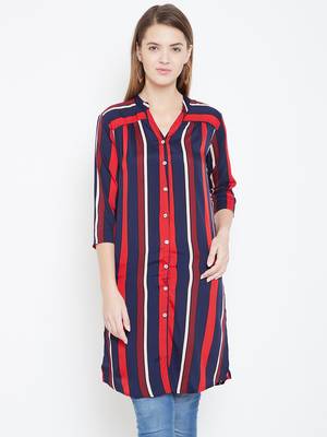 Sethi Daughters Women Navy Blue and Multicolor Stripe Printed Long Crepe Tunic 1