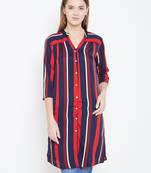 Sethi Daughters Women Navy Blue and Multicolor Stripe Printed Long Crepe Tunic