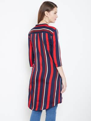 Sethi Daughters Women Navy Blue and Multicolor Stripe Printed Long Crepe Tunic 2