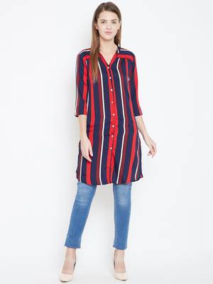 Sethi Daughters Women Navy Blue and Multicolor Stripe Printed Long Crepe Tunic 3