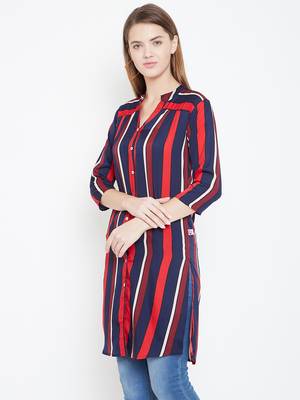 Sethi Daughters Women Navy Blue and Multicolor Stripe Printed Long Crepe Tunic 4