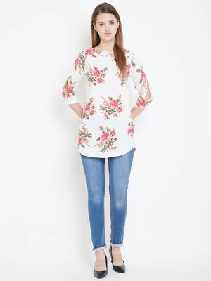 Sethi Daughters Women Cream Color Floral Printed Crepe Tunic 4