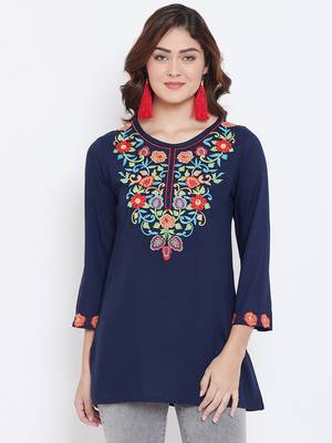 Sethi Daughters Women Navy Blue Color Embroidered Rayon Tunic 1
