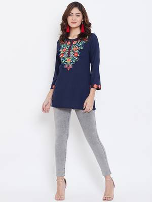 Sethi Daughters Women Navy Blue Color Embroidered Rayon Tunic 3