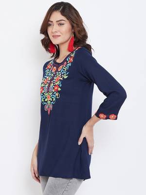 Sethi Daughters Women Navy Blue Color Embroidered Rayon Tunic 4