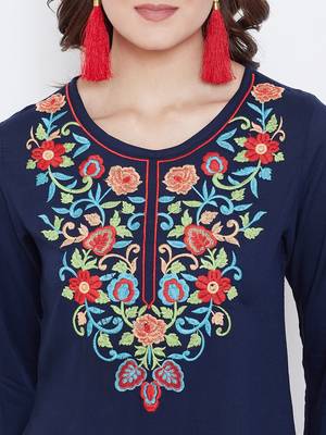 Sethi Daughters Women Navy Blue Color Embroidered Rayon Tunic 5