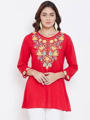 Sethi Daughters Women Red Color Embroidered Rayon Tunic 1