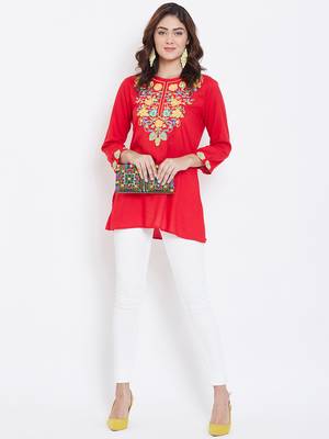 Sethi Daughters Women Red Color Embroidered Rayon Tunic 3