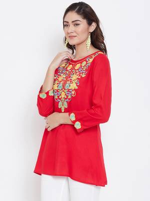 Sethi Daughters Women Red Color Embroidered Rayon Tunic 4