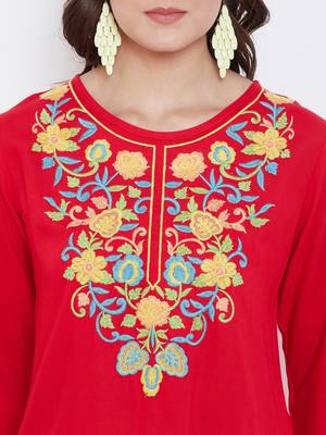 Sethi Daughters Women Red Color Embroidered Rayon Tunic 5