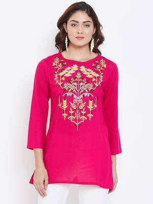 Sethi Daughters Women Fuschia Color Embroidered Rayon Tunic 1