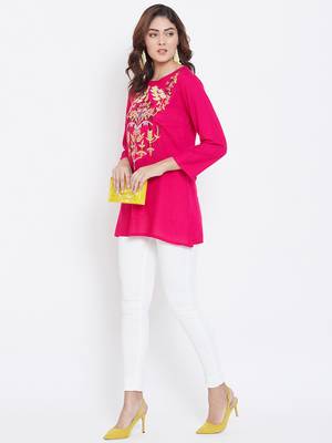 Sethi Daughters Women Fuschia Color Embroidered Rayon Tunic 3