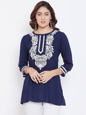 Sethi Daughters Women Navy & White Color Embroidered Rayon Tunic 1