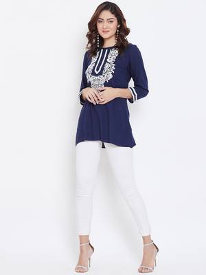 Sethi Daughters Women Navy & White Color Embroidered Rayon Tunic 3