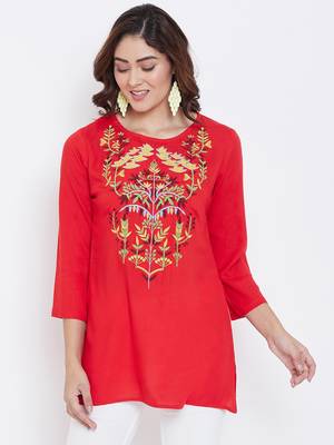 Sethi Daughters Women Red Color Embroidered Rayon Tunic 1