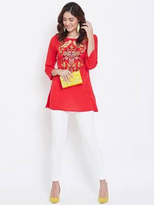 Sethi Daughters Women Red Color Embroidered Rayon Tunic 3