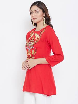 Sethi Daughters Women Red Color Embroidered Rayon Tunic 4