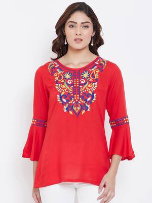 Sethi Daughters Women Red Color Embroidered Rayon Tunic 1