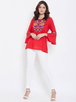 Sethi Daughters Women Red Color Embroidered Rayon Tunic 3