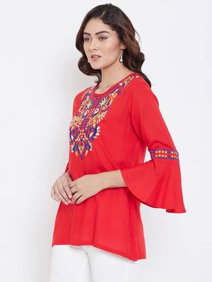 Sethi Daughters Women Red Color Embroidered Rayon Tunic 4
