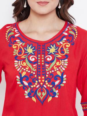 Sethi Daughters Women Red Color Embroidered Rayon Tunic 5