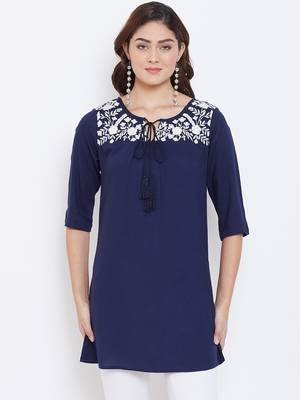 Sethi Daughters - Navy Blue Colored Casual Wear Floral Embroidered Rayon Tunic 1