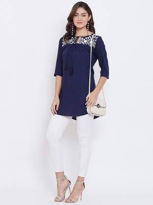 Sethi Daughters - Navy Blue Colored Casual Wear Floral Embroidered Rayon Tunic 3