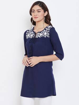 Sethi Daughters - Navy Blue Colored Casual Wear Floral Embroidered Rayon Tunic 4