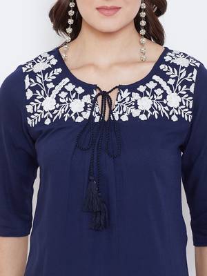 Sethi Daughters - Navy Blue Colored Casual Wear Floral Embroidered Rayon Tunic 5
