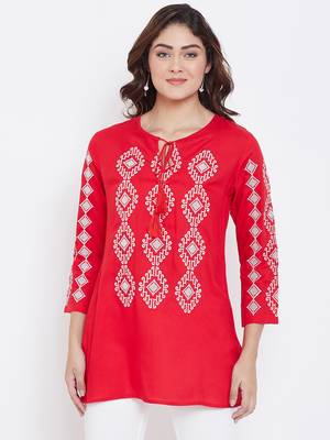 Sethi Daughters - Red Colored Casual Wear Embroidered Rayon Tunic 1