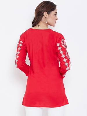 Sethi Daughters - Red Colored Casual Wear Embroidered Rayon Tunic 2