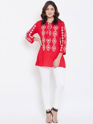 Sethi Daughters - Red Colored Casual Wear Embroidered Rayon Tunic 3