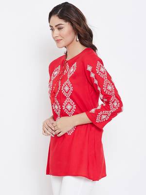 Sethi Daughters - Red Colored Casual Wear Embroidered Rayon Tunic 4