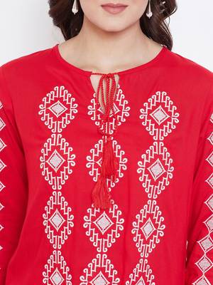 Sethi Daughters - Red Colored Casual Wear Embroidered Rayon Tunic 5