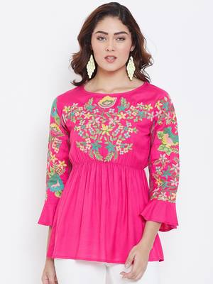 Sethi Daughters Women Fuschia Color Floral Embroidered Elastic Waist Rayon Tunic 1